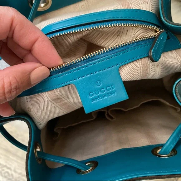 *BUY NOW* Item. Gucci Bright Turquoise Diamante Leather Bucket Bag Gold Hardware - Picture 7 of 11